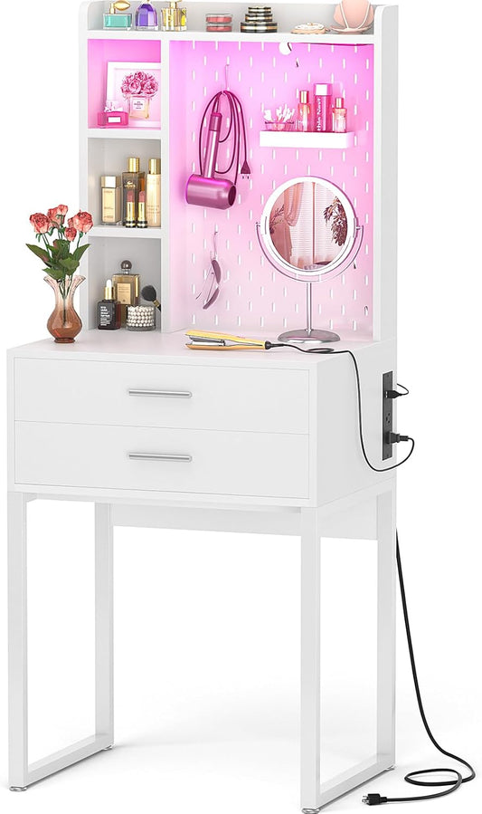 Small Vanity Desk with Hutch and Drawers, White Makeup Vanity Desk with Charging Station, Vanity Table Dressing Table with LED Lights, Vanity Desk No Mirror with Pegboard for Girls Women, 24"