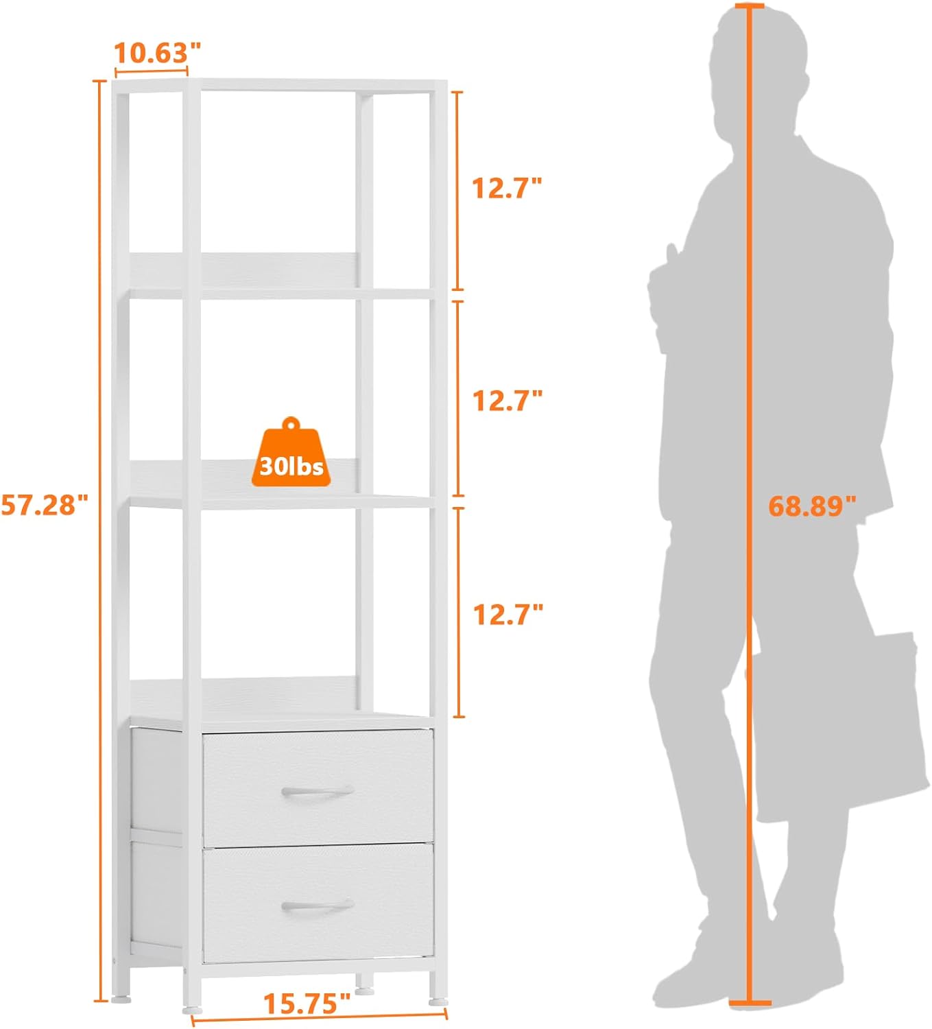 Furnulem 4-Tier Corner Shelf, Bookshelf with 2 Storage Drawers, 57.28”Tall Narrow Bookcase, Standing Shelf Organizer Unit for Living Room, Bedroom, Metal Frame, Wood Display Shelf