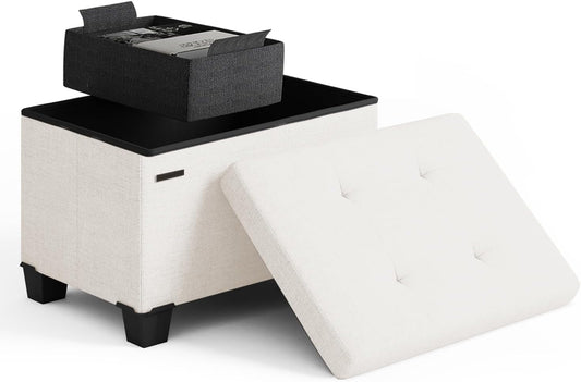 STORAGEBUD Storage Ottoman Cube with Small Bin, 16-in Square Ottoman with Storage for Living Room and Bedroom, Small Ottomans Foot Rest, Fabric Foot Stools Ottomans Max 330lbs, Cream