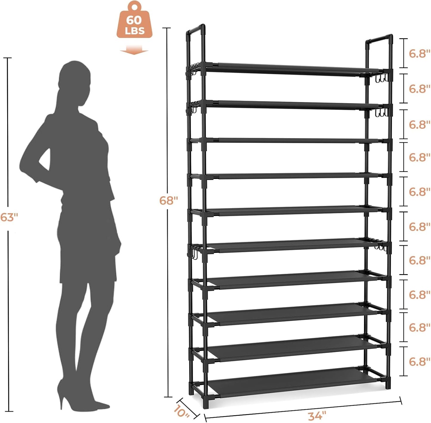 Tall Shoe Rack 10 Tier Shoe Organizer Large Shoe Shelf with 18 Hooks Storage for 50 Pair Sneaker and Boot, Stackable Vertical Shoe Rack Organizer for Closet, Entryway, Bedroom