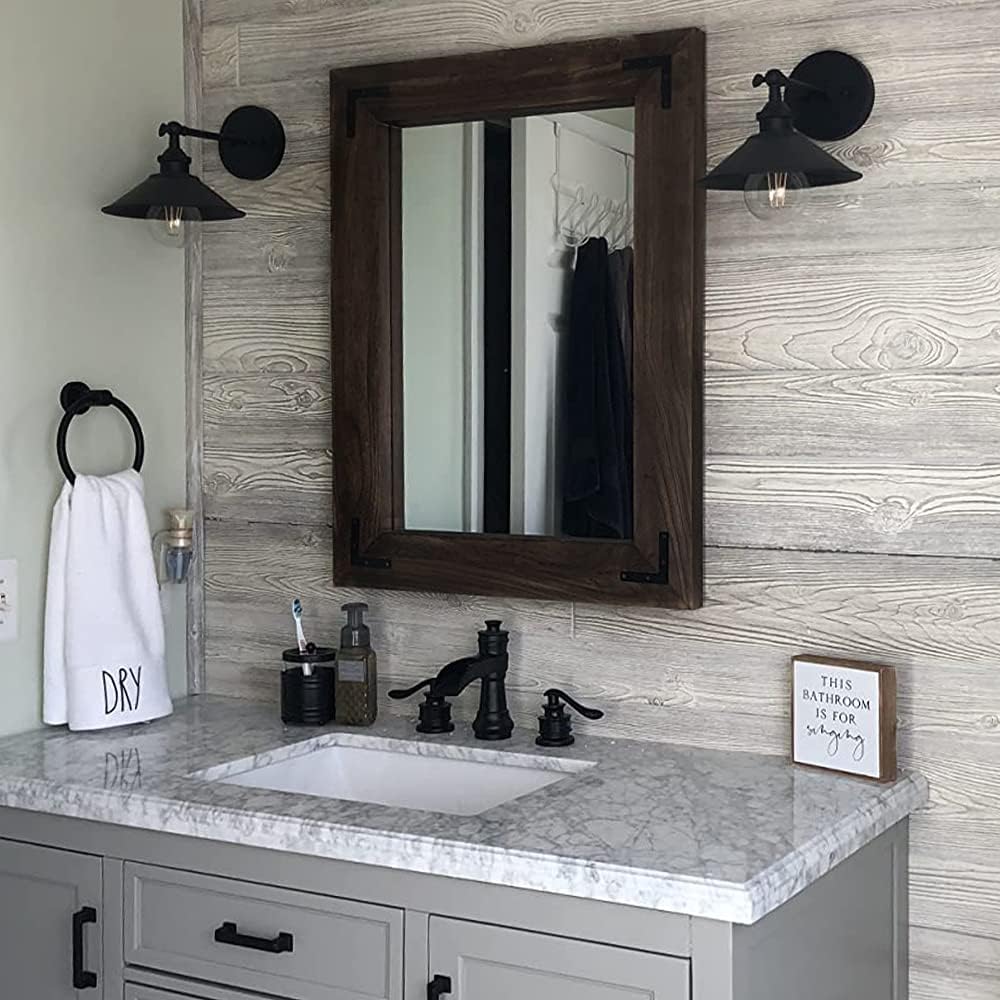 YOSHOOT Rustic Wooden Framed Wall Mirror, Natural Wood Bathroom Vanity Mirror for Farmhouse Decor, Vertical or Horizontal Hanging, 32" x 24",Black