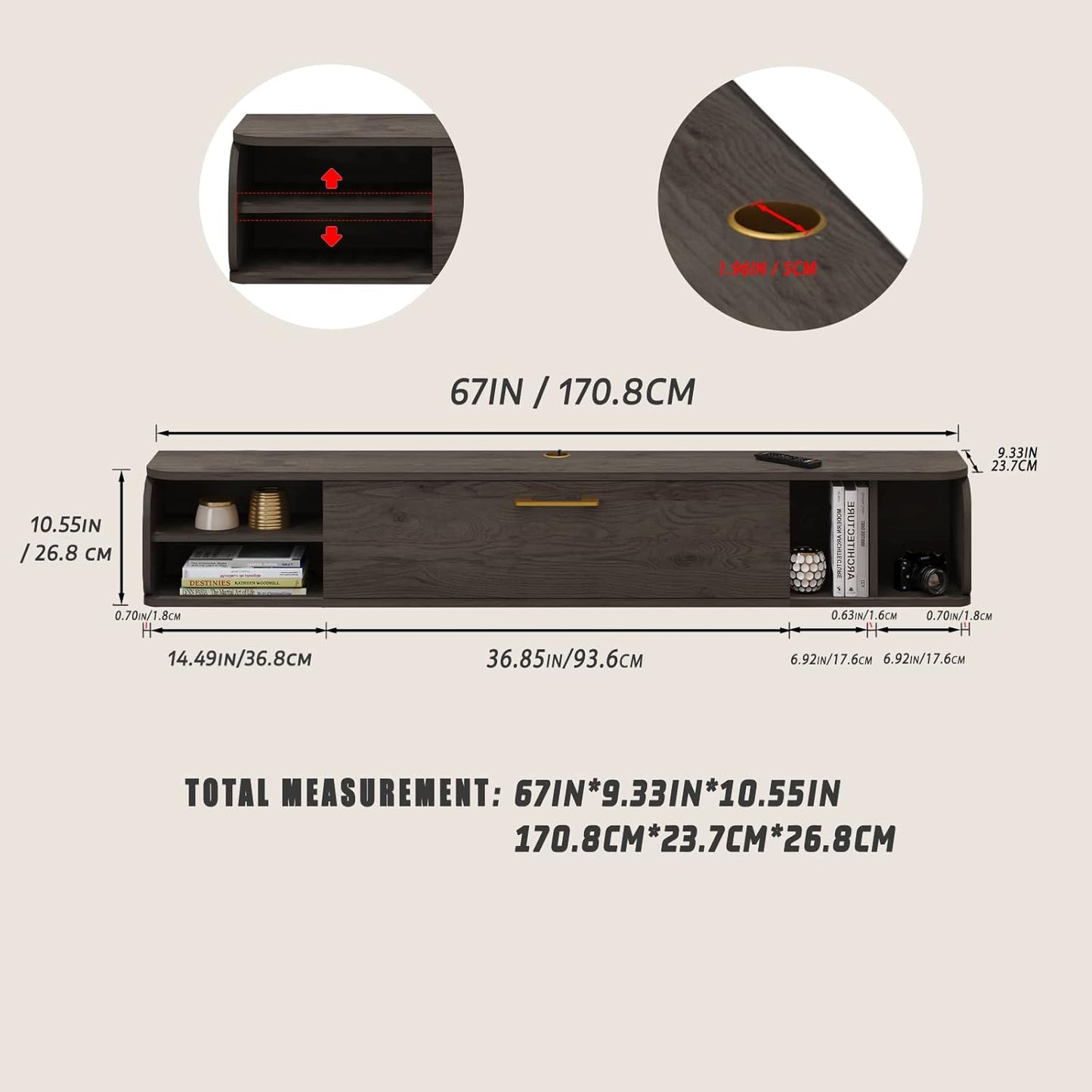 Floating TV Unit, 67'' Wall Mounted TV Cabinet, Floating Shelves with 4 Cabinets, Wooden Entertainment Media Console Center Large Storage TV Bench for Living Room & Office (67IN, Dark Grey)
