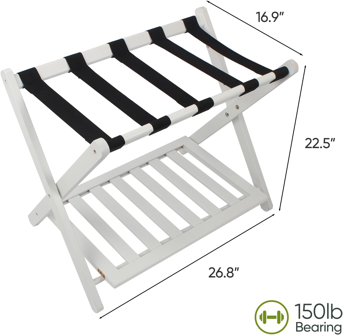 2 Packs Fully Assembled White Luggage Racks with Shoe Shelf, Folding Suitcase Stand with 5 Straps, Wooden Luggage Stand Ideal for Guest Room, Bedroom, Hotel