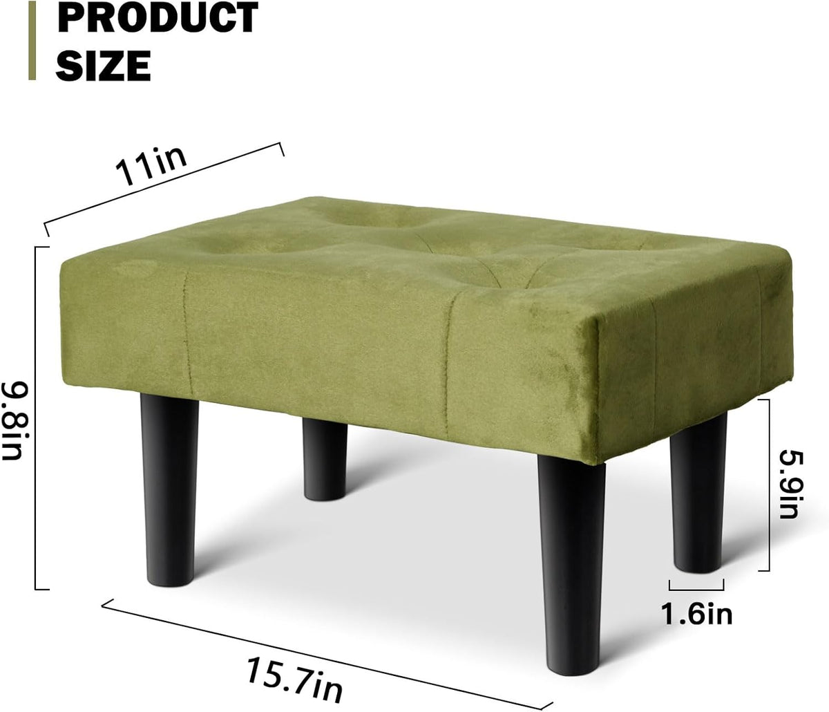 HOUCHICS Small Footstool Ottoman,Velvet Soft Footrest Ottoman with Wood Legs,Sofa Footrest Extra Seating for Living Room Entryway Office(Green 2PACK)
