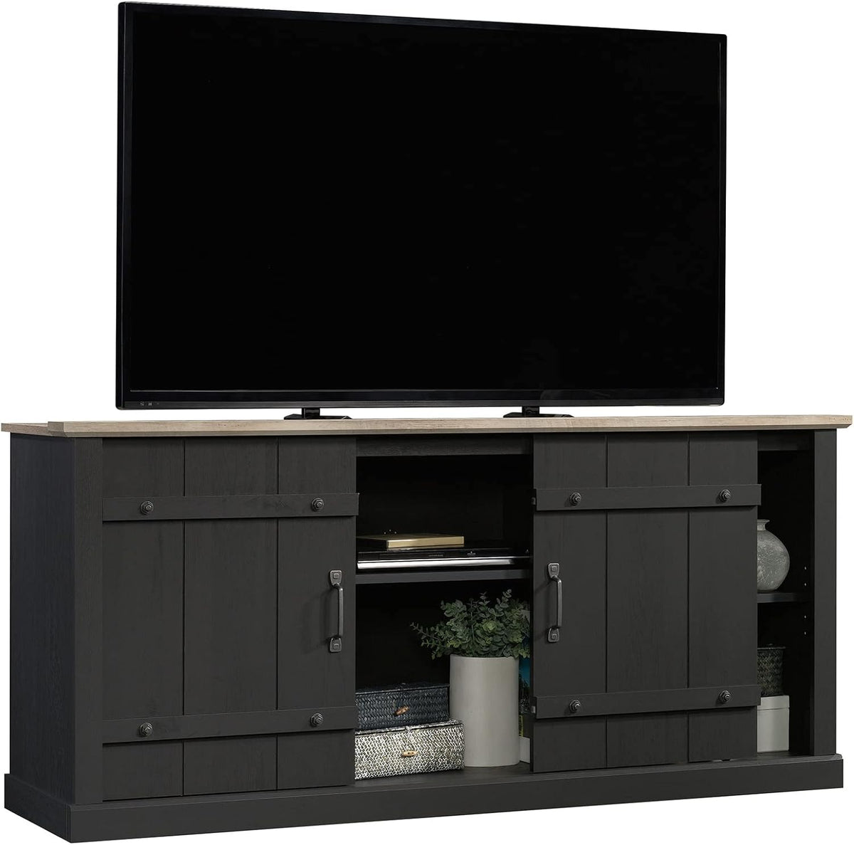 Sauder Misc Entertainment Farmhouse TV Stand, for TVs up to 70", Raven Oak Finish