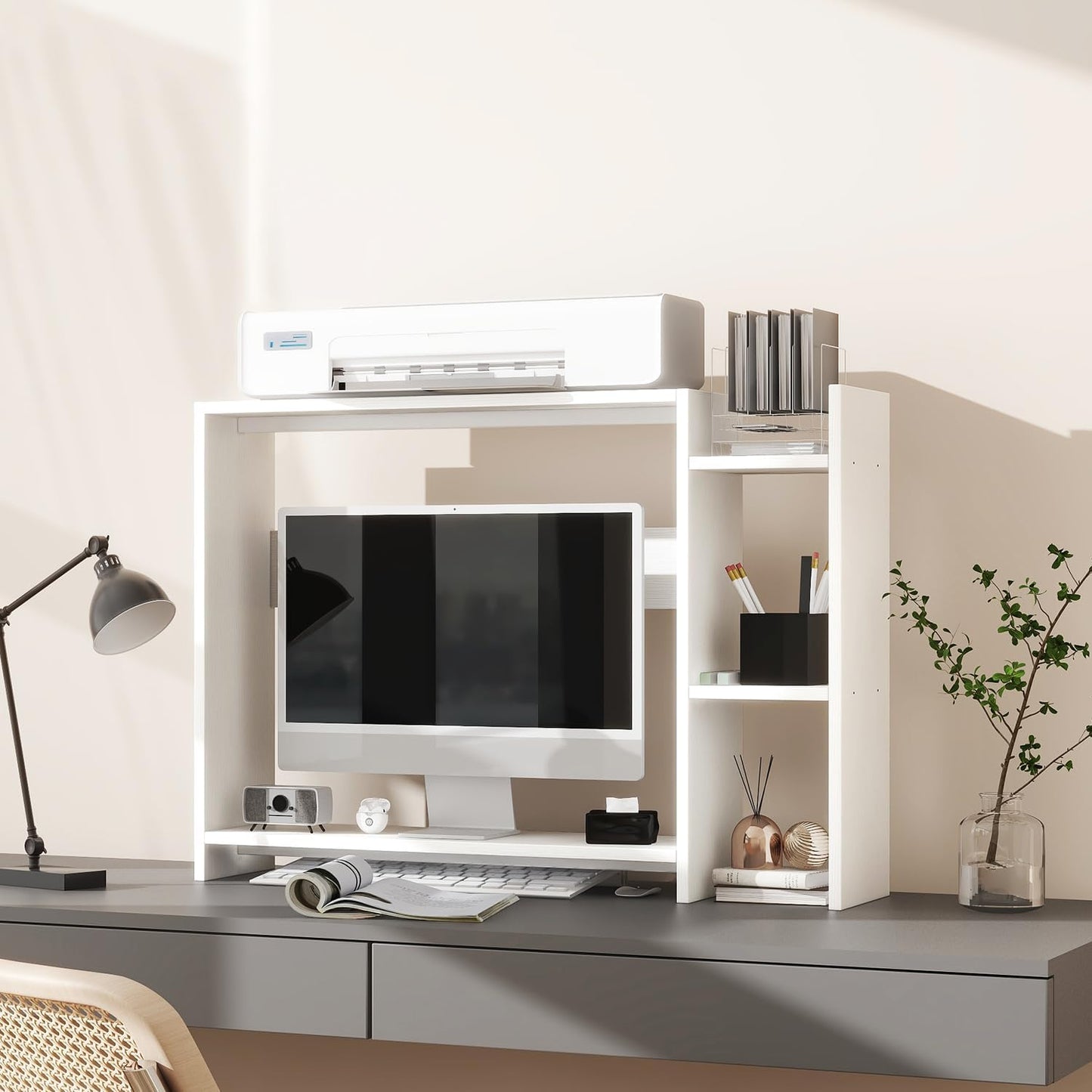 IBUYKE Desktop Bookshelf,36.8" Desktop Organizer Shelf,Wood Desk Hutch for Computer Monitor,Display Shelf for Office Home Dormitory,White TMZ008W