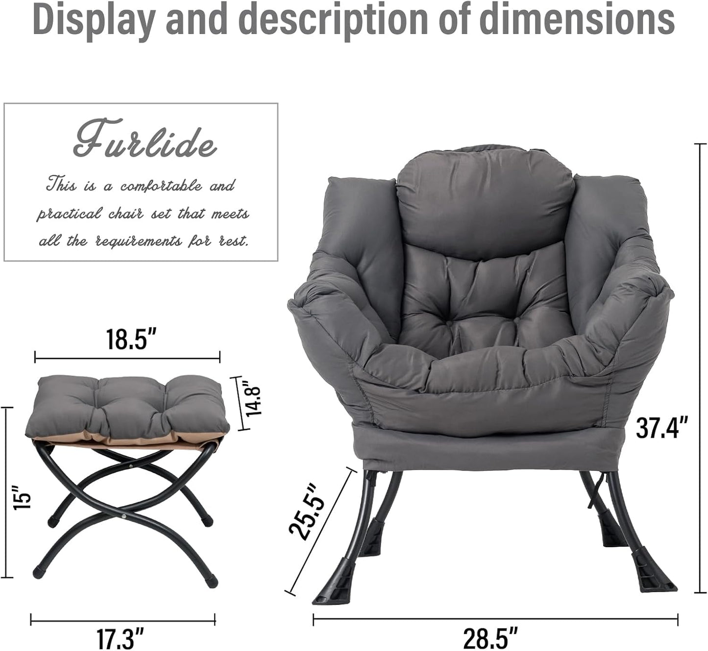 Lazy Chair with Ottoman, Modern Chair with Folding Footrest, Lounge Accent Chair, Comfortable Reading Chair, Oversized Armchairs for Bedroom, Study, Living Room, Courtyard (Dark Grey)