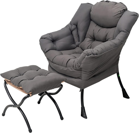 Lazy Chair and Ottoman, Large Accent Lounge Chair with Armrests and a Side Pocket, Modern Leisure Upholstered Sofa Reading Armchair with Footrest for Bedroom, Living Room, Dorm Rooms, Office