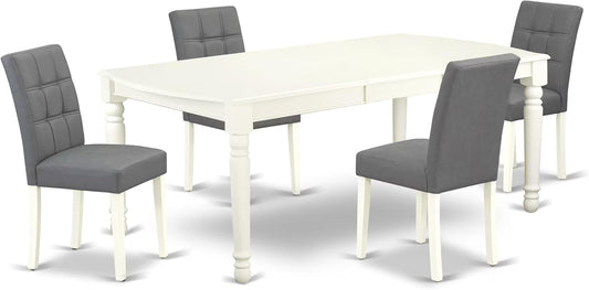 East West Furniture DOAS5-LWH-41 5 Piece Kitchen Table Set Includes A Dinner Table and 4 Platinum Gray Polyester Fabric Person Chairs with Stylish Back- Linen White Finish