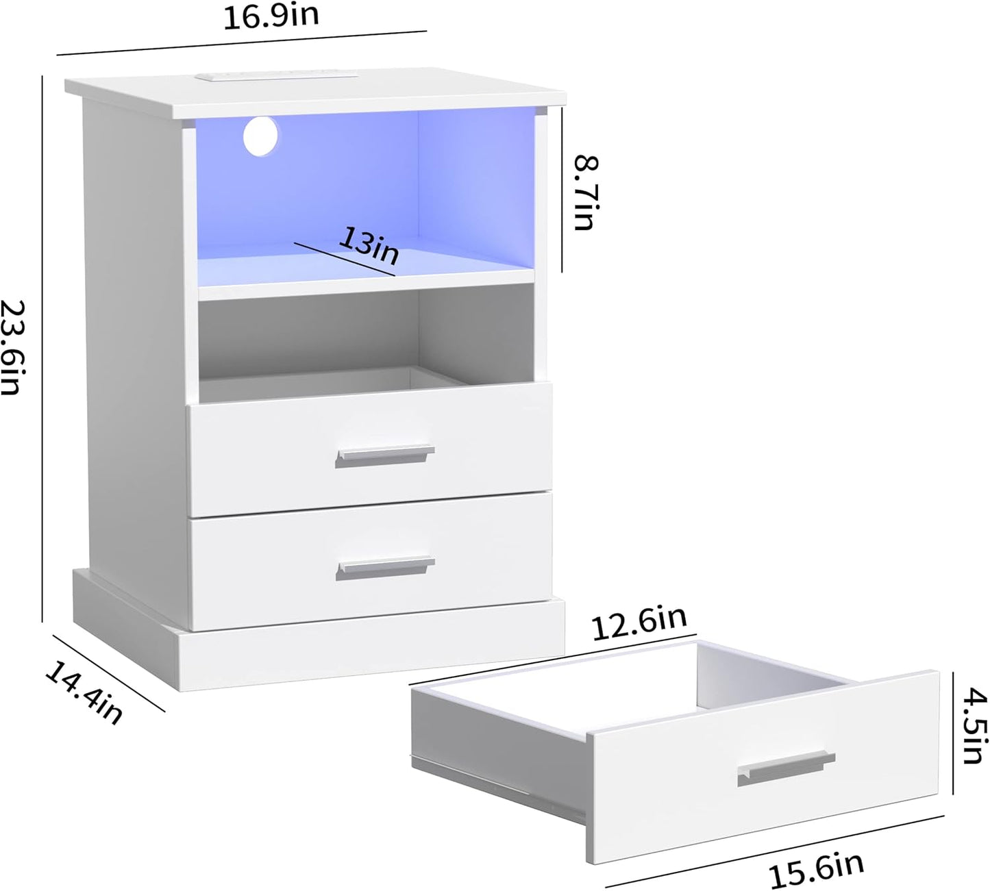 Nightstand with Charging Station, LED Lights Side Table with 3 Drawers, End Table for Bedroom Office White