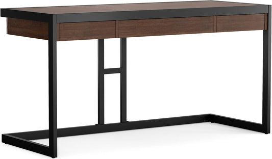 SIMPLIHOME Erina Desk - 60-Inch Wide Solid Acacia Wood and Metal Writing Desk in Distressed Charcoal Brown, Modern Industrial Home Office Computer Table for Study with 2 Drawers and Keyboard Tray