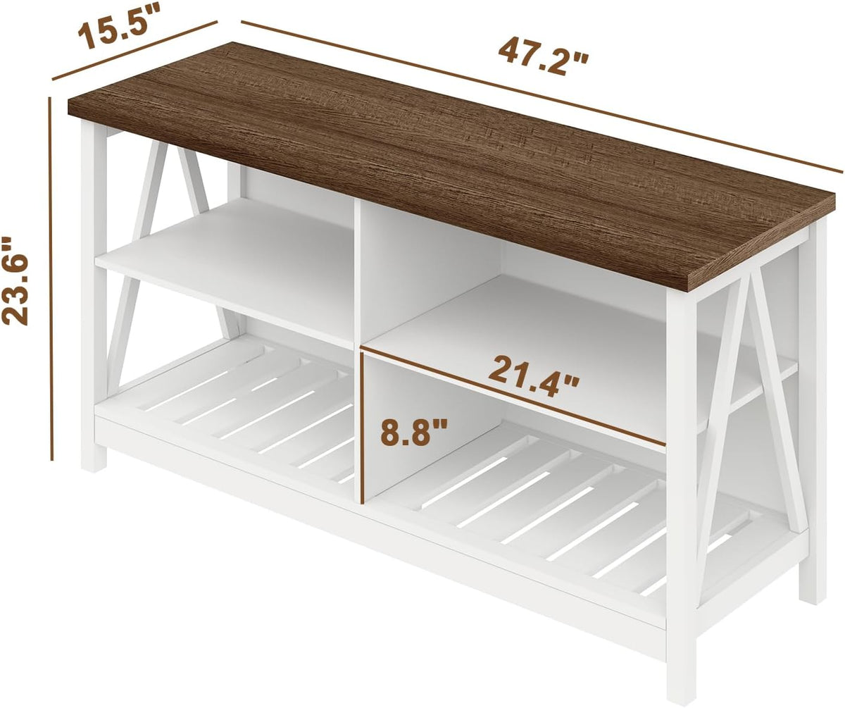 ChooChoo Farmhouse TV Stand for TVs up to 55 Inch, Modern Entertainment Center with 4 Open Shelves & Built-in Cable Holes, Media TV Console for Living Room, Bedroom, White