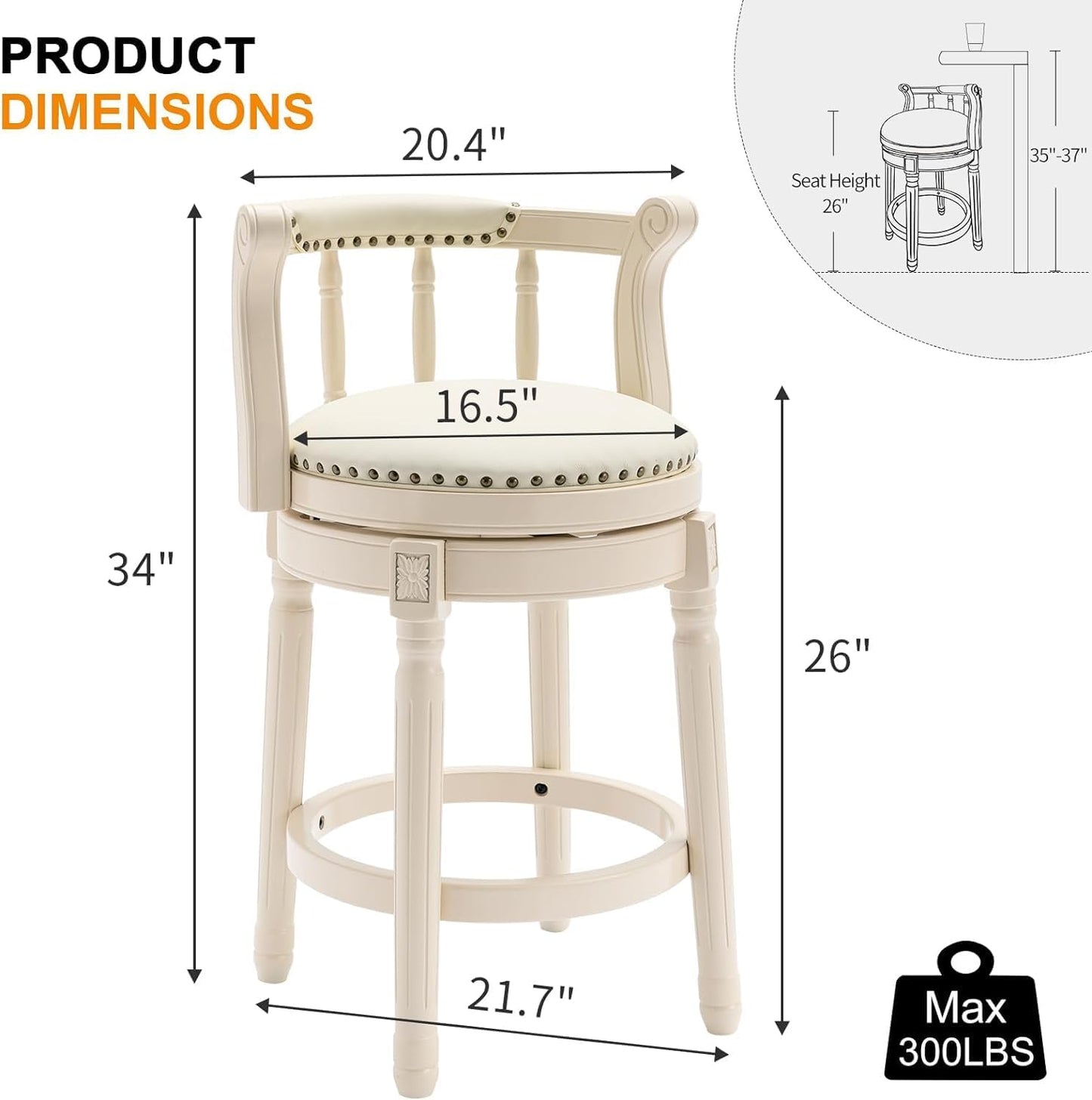 Cow top Leather Wooden Bar Stools, 360 Degree Swivel Bar Height Chair with Backs for Home Kitchen Counter, Morden Chair Barstools (Ivory Wood 1pc-Cream Seat, Counter Height-Seat Height 26”)