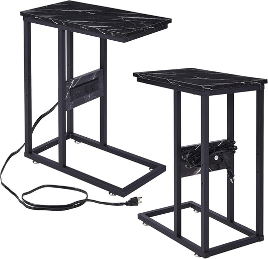 VECELO C Shaped End Side Table with Charging Station & Power Outlets for Couch Sofa/Bed, Snack TV Tray with Metal Frame for Living Room Bedroom 2 Set, Black Marble