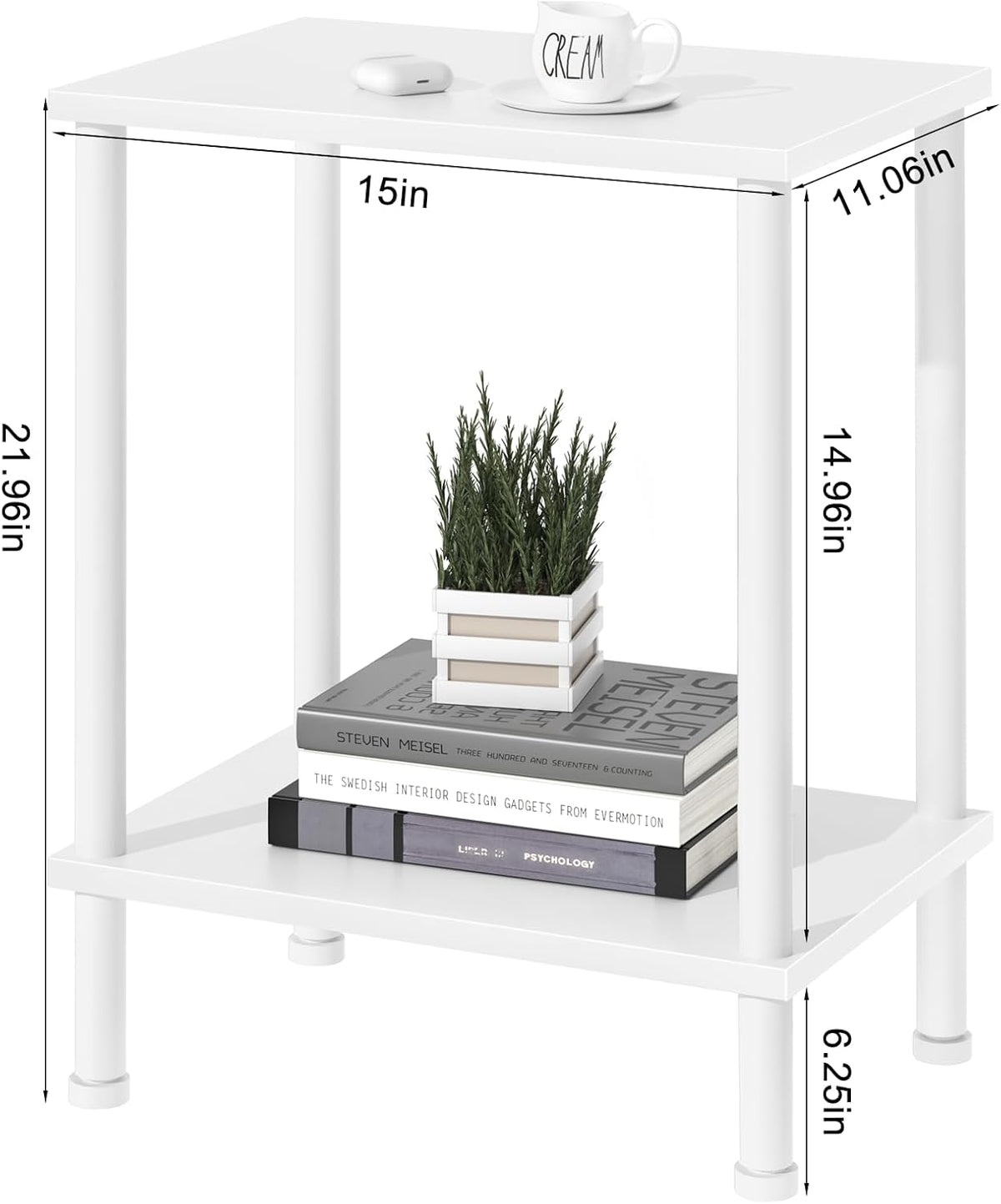 End Table,Small Side Table,2-Tier Nightstand with Storage Shelf,Sofa Bedside Table for Small Spaces in Living Room,Bedroom, Office,Stable Frame,Easy Assembly,White