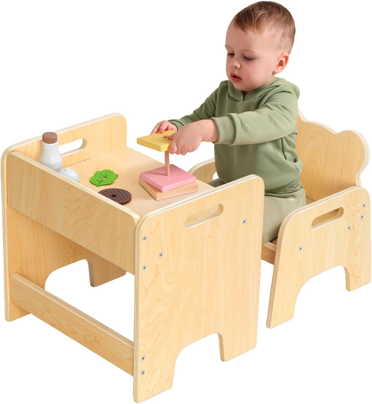 OOOK Montessori Weaning Table and Chair Set, Kids Activity Wooden Toddler Table and Chair, for Eating, Reading, Drawing, Play, Step Stool, Montessori Furniture for Toddlers 1-3