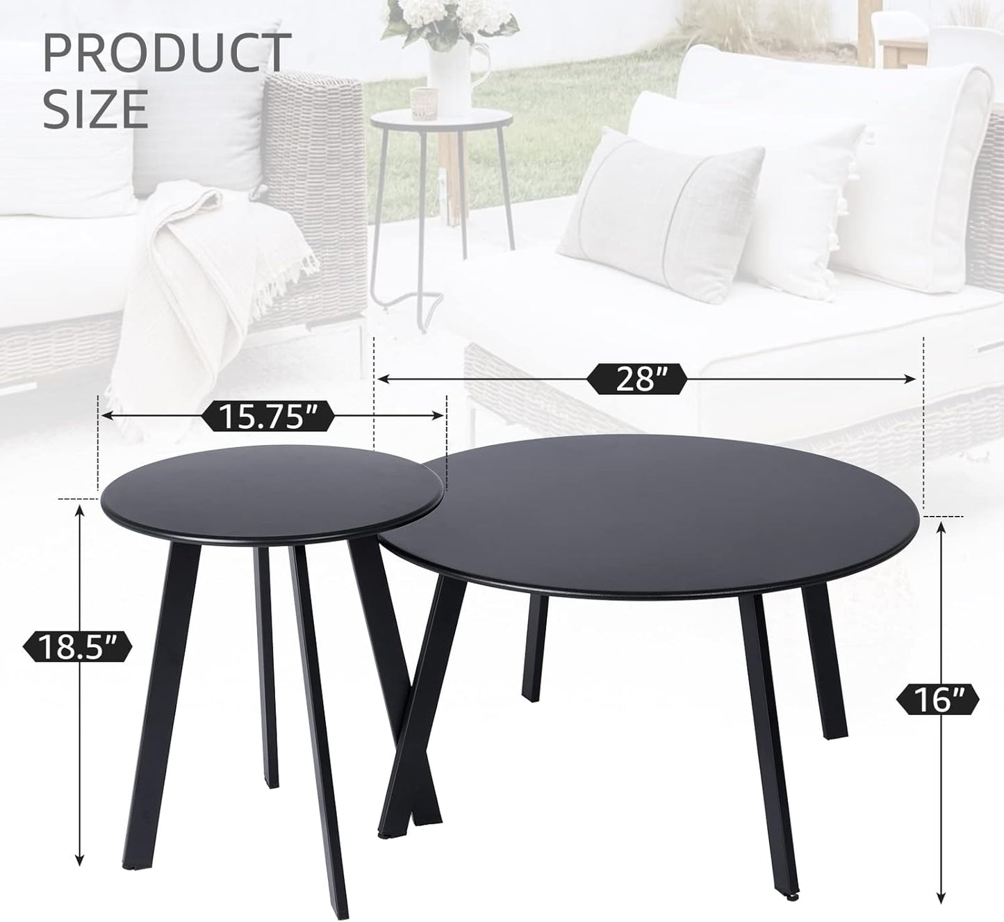 Patio Coffee Table Set of 2, Outdoor Weather Resistant End Table, Round Nesting Tables for Living Room Balcony Office,Black