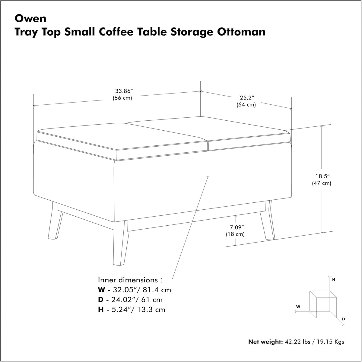 SIMPLIHOME Owen 34 inch Wide Mid Century Modern Rectangle Coffee Table Storage Ottoman Distressed Chestnut Brown/Flip Over Tray top