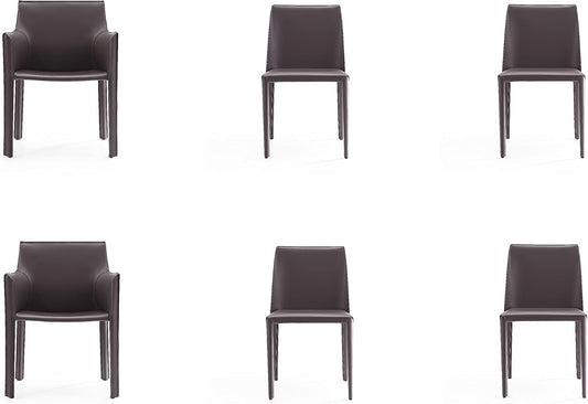Manhattan Comfort Paris Modern Saddle Leather Dining Chairs, Metal Frame, Comfortable Padded Seat, Fully Assembled Armchair Accent Furniture, Set of 6, Grey
