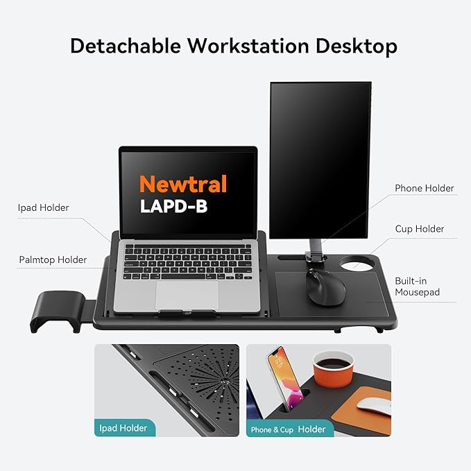 Newtral Ergonomic Office Chair with Fully Adaptive Lumbar Support, 136°Tilt Function, Computer Desk Chair with Soft 4D Armrest, Adjustable Headrest (Supreme with Laptop Tray, Black)