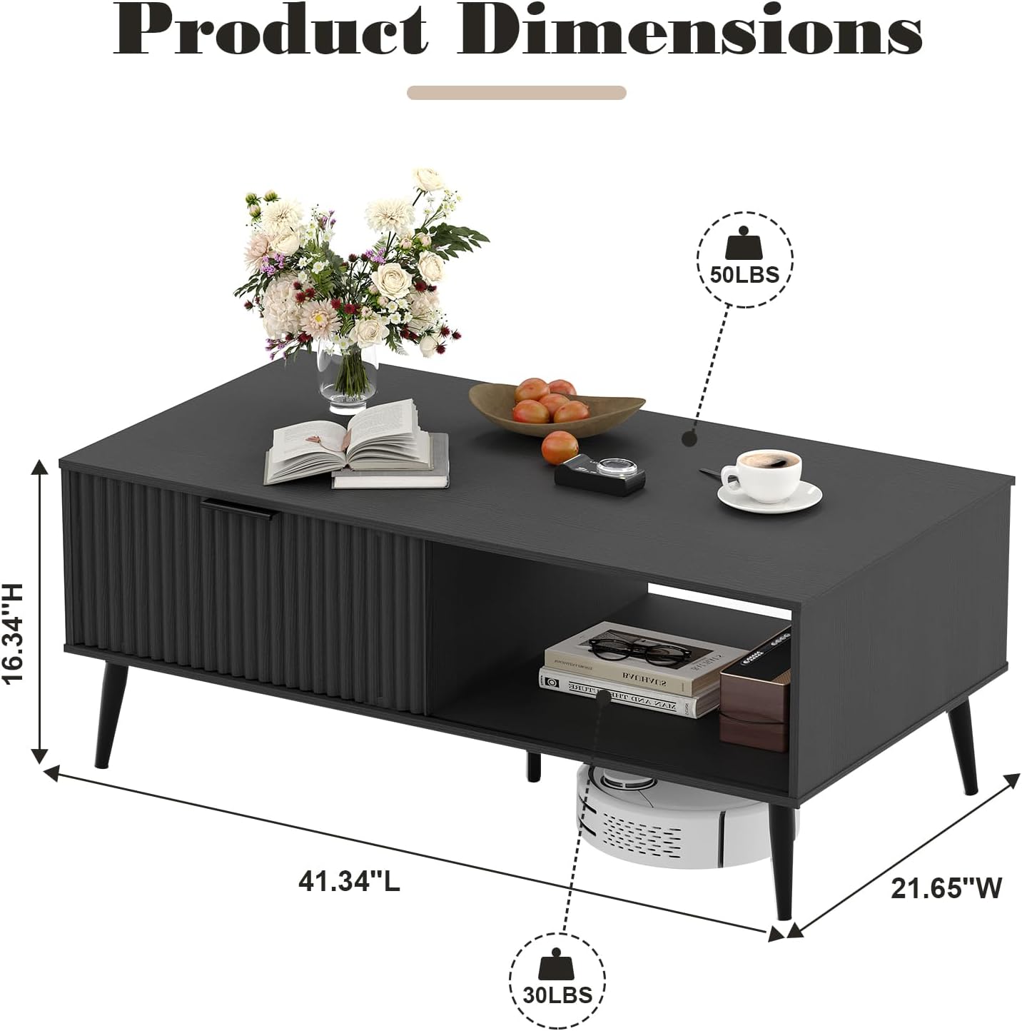 41.34''D Coffee Table, 2-Tiers Farmhouse Coffee Tables With Storage and Sliding Wave Pattern Door, Modren Tea Table, Wooden Dining Center Tables for Living Room, Office, Bedroom, Outdoors, Black