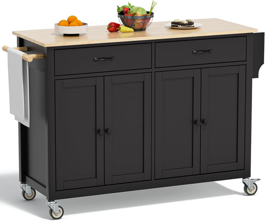 Rovibek Large Wood Island Table with Storage, 54 in Width, Portable Moveable Kitchen Island on Wheels, Black with Drawers Cabinet Spice Rack Towel Rack