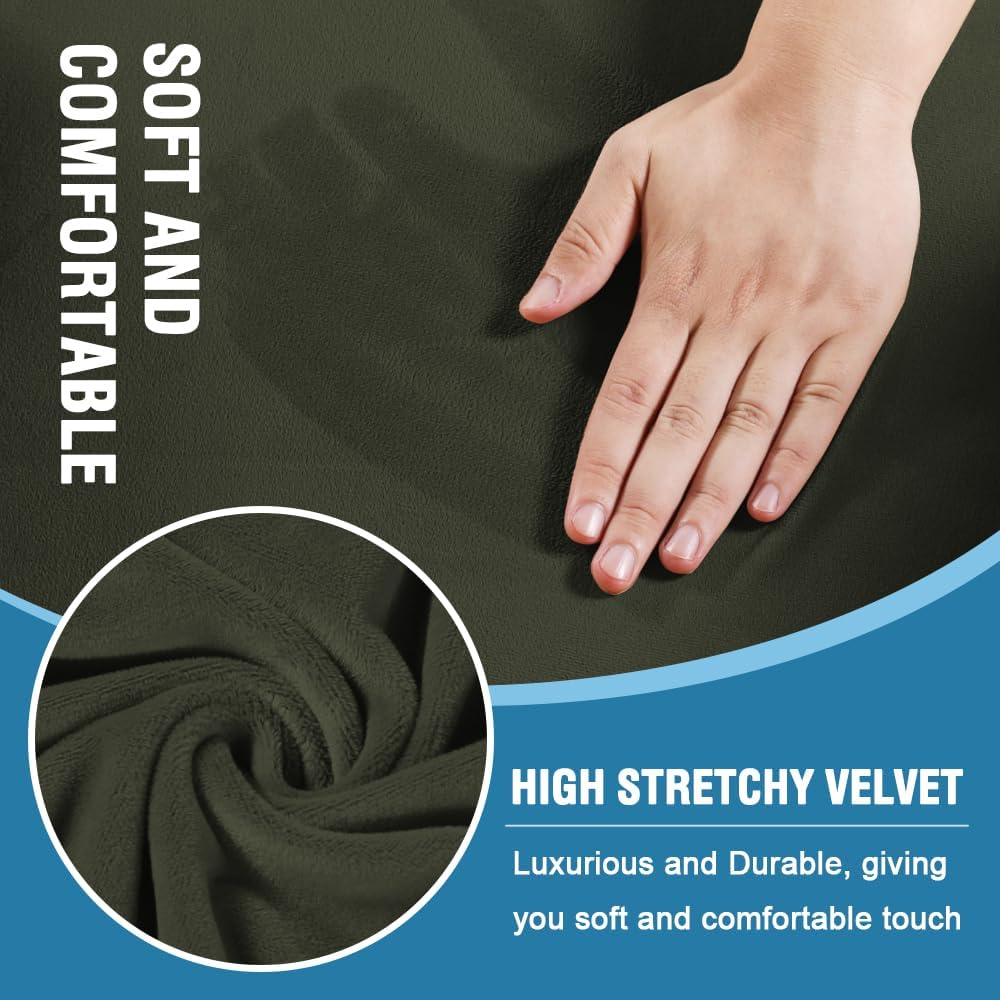 H.VERSAILTEX Sofa Cover 3 Piece T Cushion Loveseat Slipcovers Thick Velvet Couch Cover Stretch T Cushion Sofa Covers for 2 Cushion Couch with 2 Individual T Cushion Covers, Olive