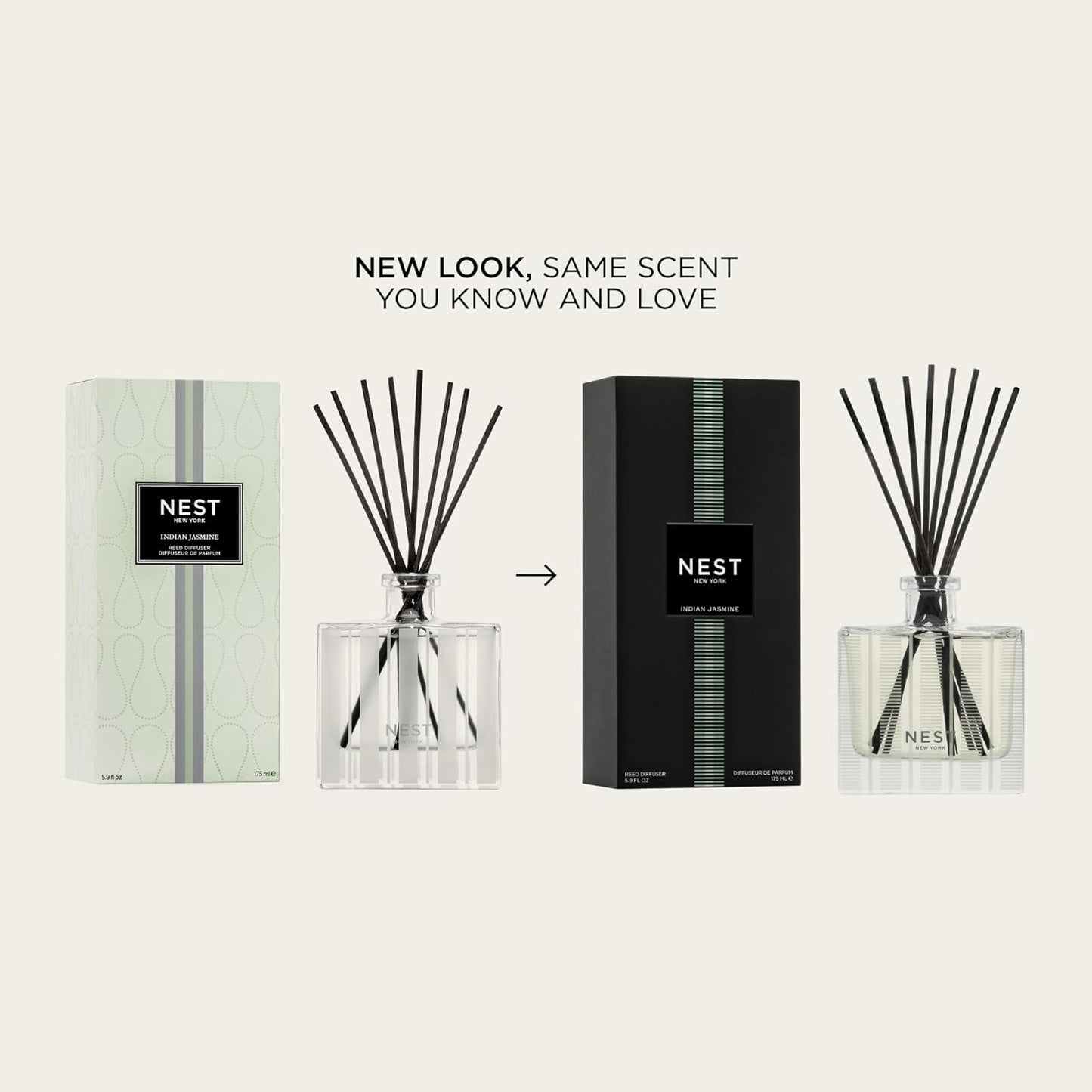 NEST New York Reed Diffuser, Indian Jasmine - 5.9 fl oz - Fragrance for Up to 90 Days - Reusable, Refillable Glass Holder - Includes 8 All-Natural Reed Sticks - Flame Free
