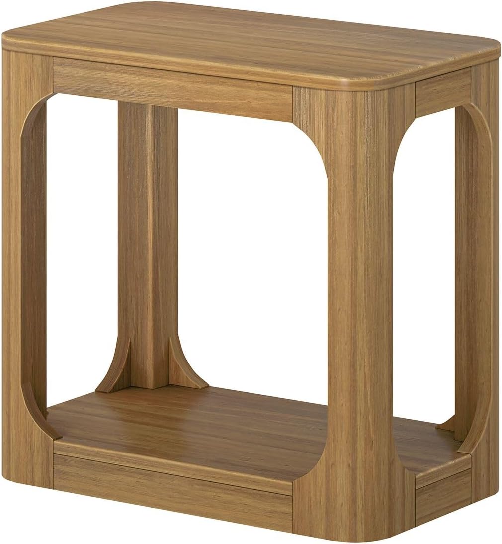 Plank+Beam Modern Rounded Rectangular Side Table with Shelf, Solid Wood End Table for Living Room, 25in, Pecan