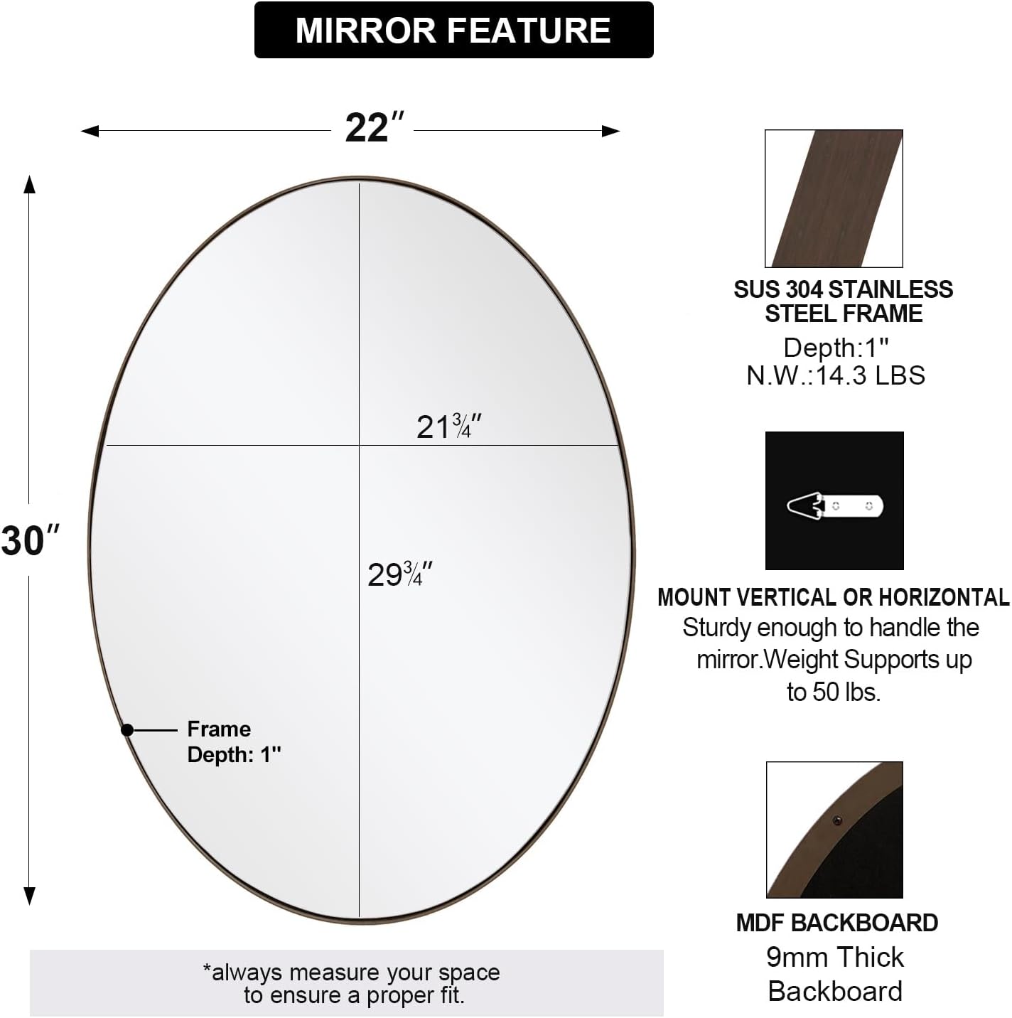 ANDY STAR Bronze 22x30 Oval Bathroom Mirror, Sturdy Stainless Steel Frame, Anti-Scratch Glass, Modern Brushed Bronze Finish, Easy Wall Mount