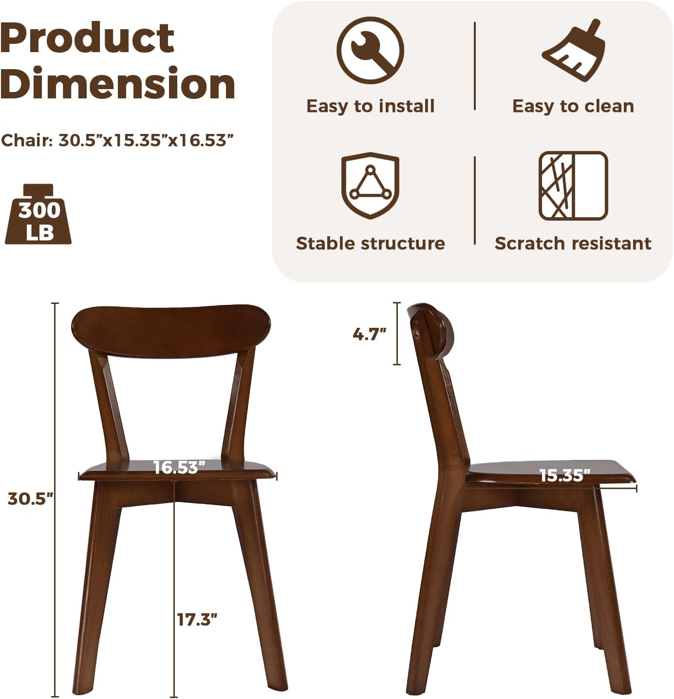 DELAVIN Soild Wood Dining Chairs Set of 2, Oak Wood Kitchen Chairs, Mid Century Modern Dining Room Chairs, Walnut