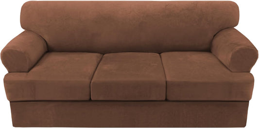 H.VERSAILTEX Thick Velvet Sofa Cover - 4 Piece T Cushion Slipcover Set for 3 Cushion Couch - Stretch, Washable, Caramel