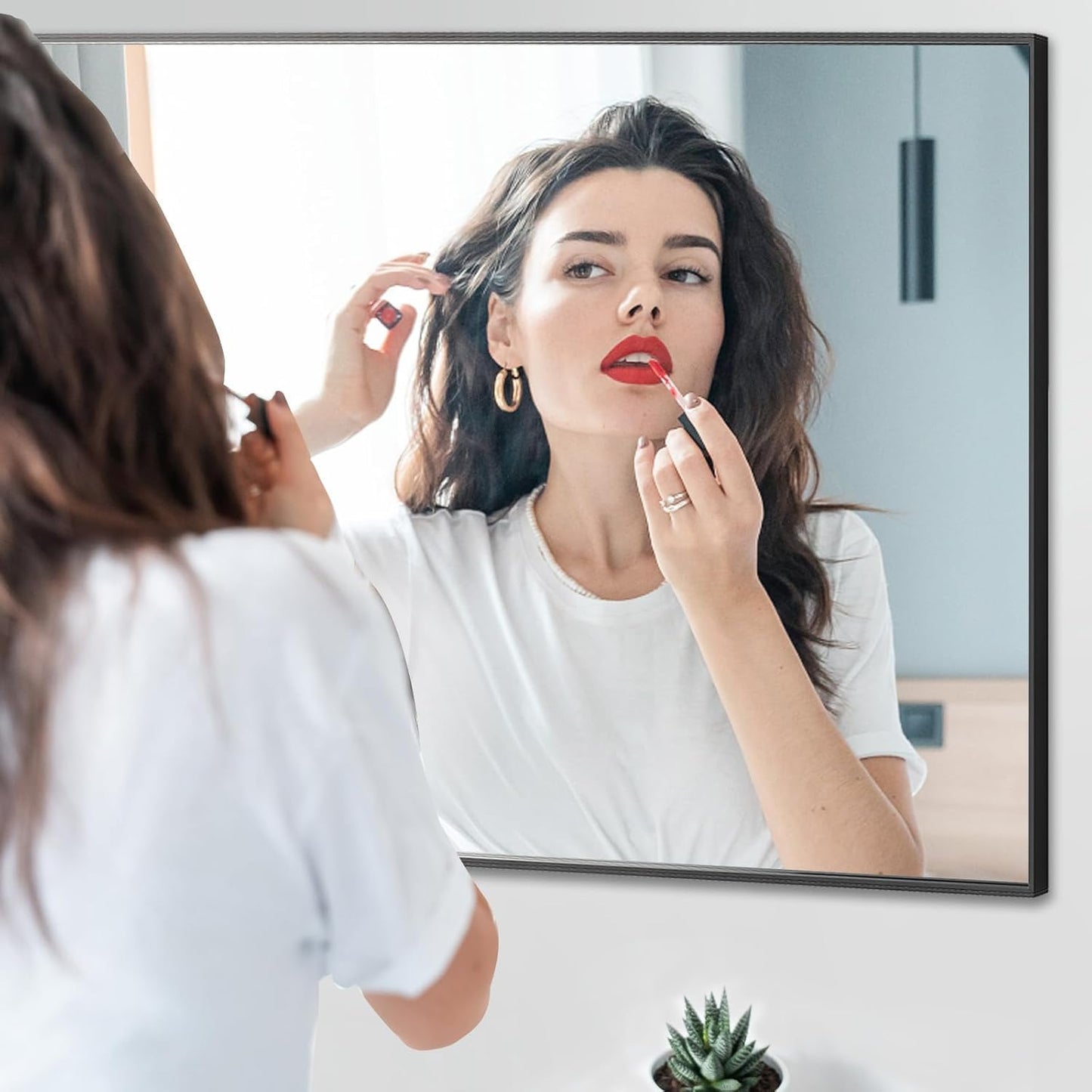 28x28 Inch Black Bathroom Mirror, Copper-Free Aluminum Alloy Frame Vanity Mirror, Rectangle Wall Mounted Modern Mirror for Bedroom/Living Room/Porch Horizontal or Vertical