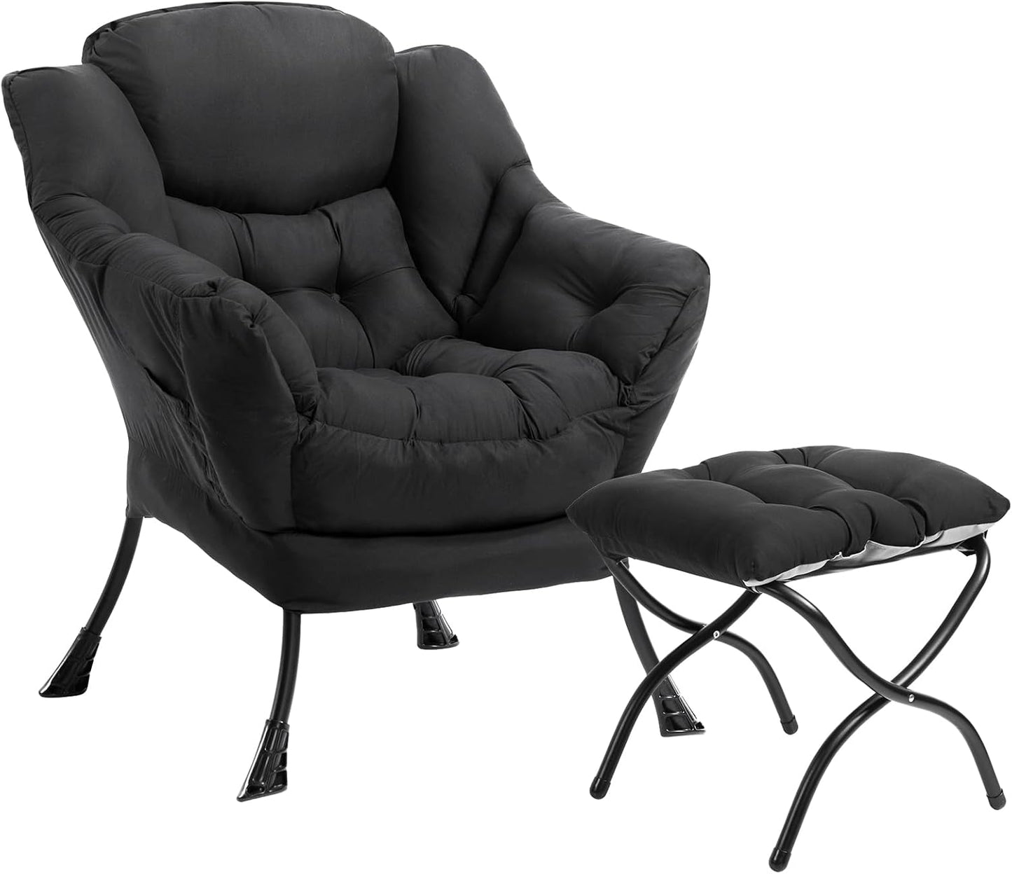 HollyHOME Lazy Chair with Foldable Ottoman,Accent Comfy Lounge Arm Chair and Folding Footrest Stool Set,Leisure Sofa Reading Chair and Footstool for Living Room,Bedroom, Dorm,Peachskin Fabric Black