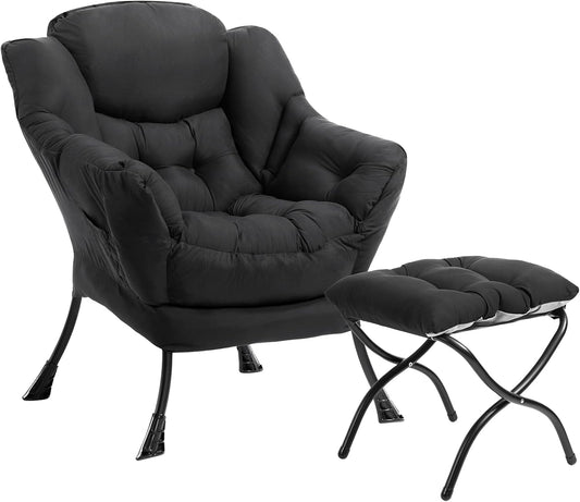 HollyHOME Lazy Chair with Foldable Ottoman,Accent Comfy Lounge Arm Chair and Folding Footrest Stool Set,Leisure Sofa Reading Chair and Footstool for Living Room,Bedroom, Dorm,Peachskin Fabric Black
