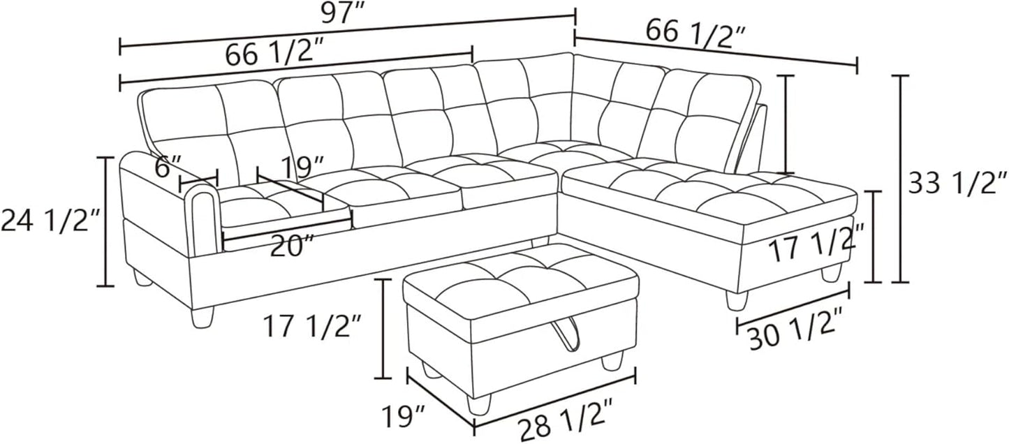L-Shaped Sectional Sofa with Ottoman, Right-Facing Modern Microfiber Couch for Living Room, Bedroom, Office, Gray-Blue