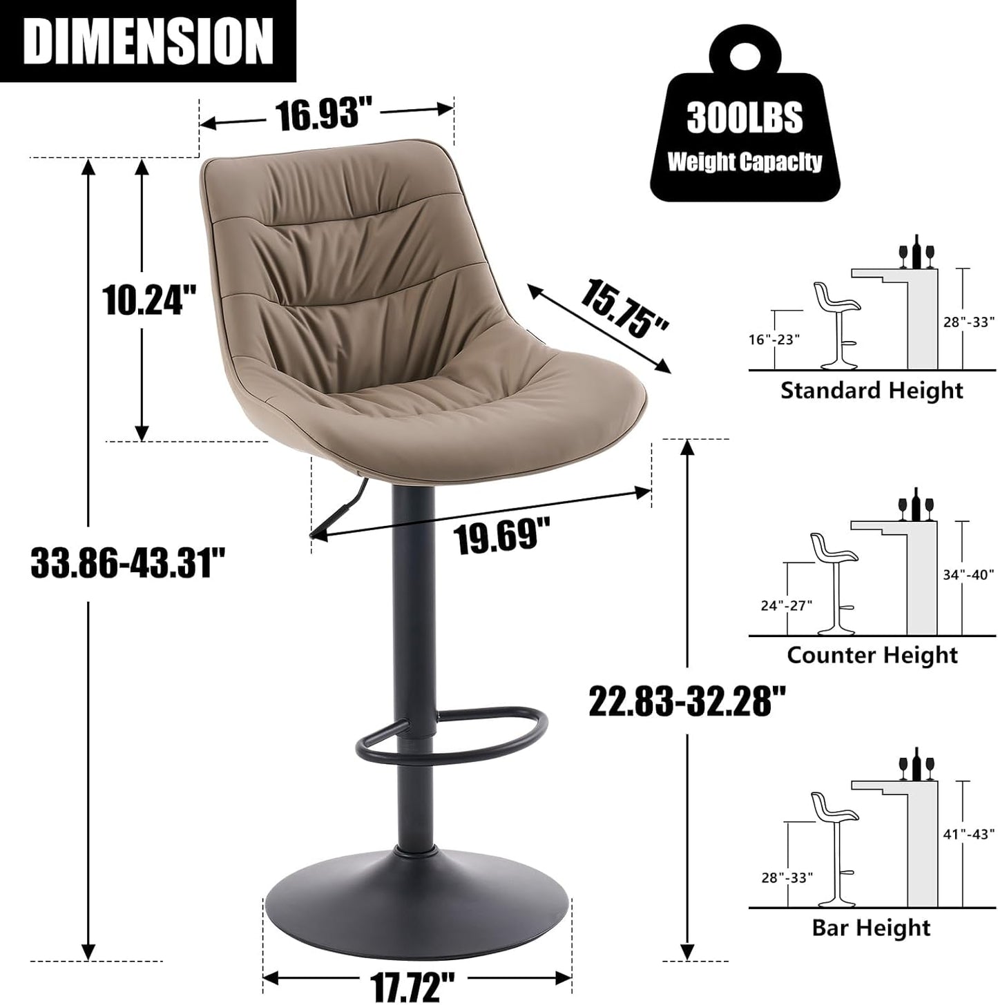 Kidol & Shellder Bar Stools Set of 2 Adjustable Swivel Khaki, PU Leather Upholstered with Back, Modern Counter Height Stools for Kitchen Island, Home Bar