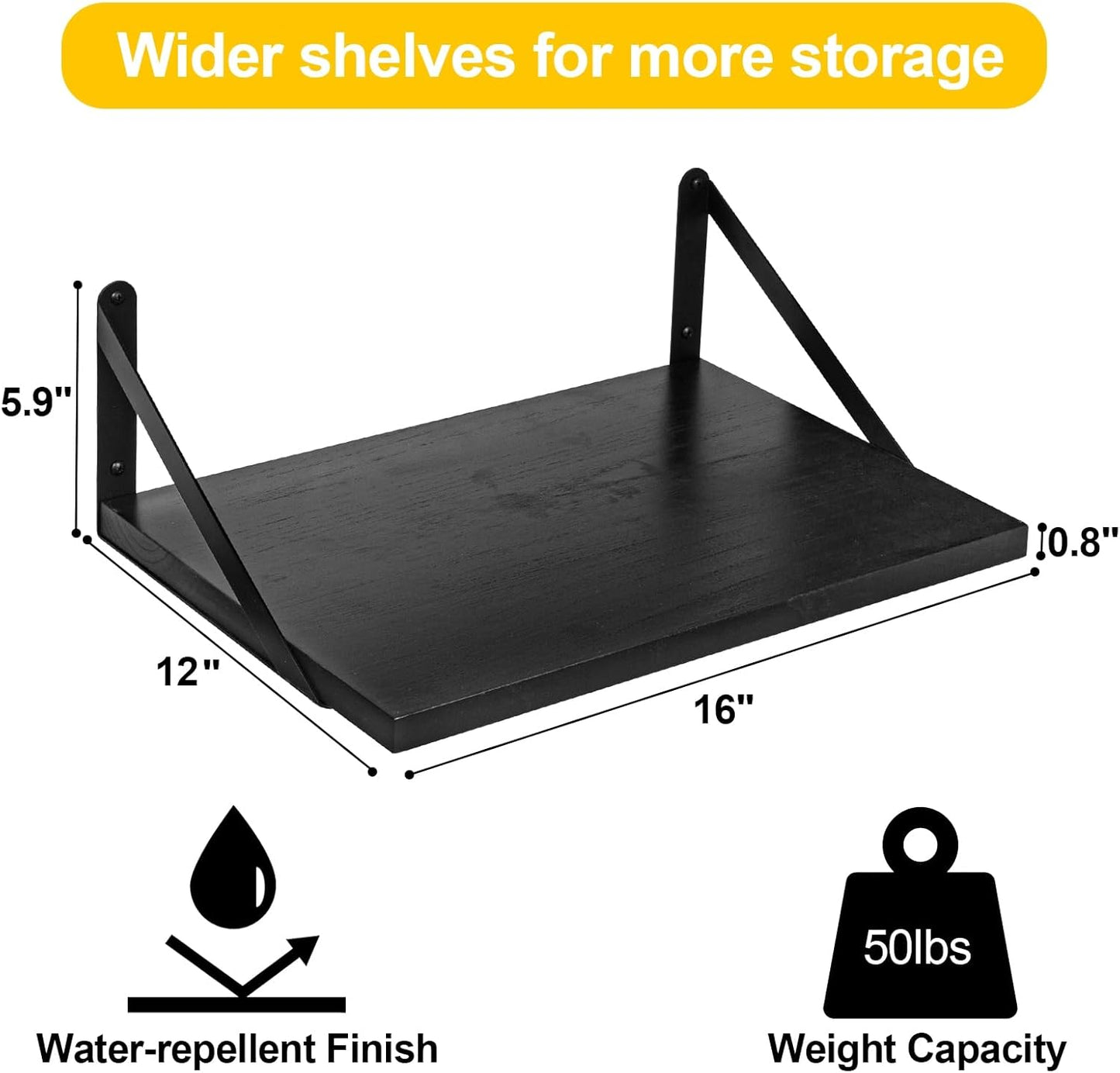 SAUMONIERES Floating Shelves Wall Bookshelf for Bedroom Bathroom Living Room Wood Wall Mounted Wide Deep Storage, Black Painted Wall Shelves Set of 2