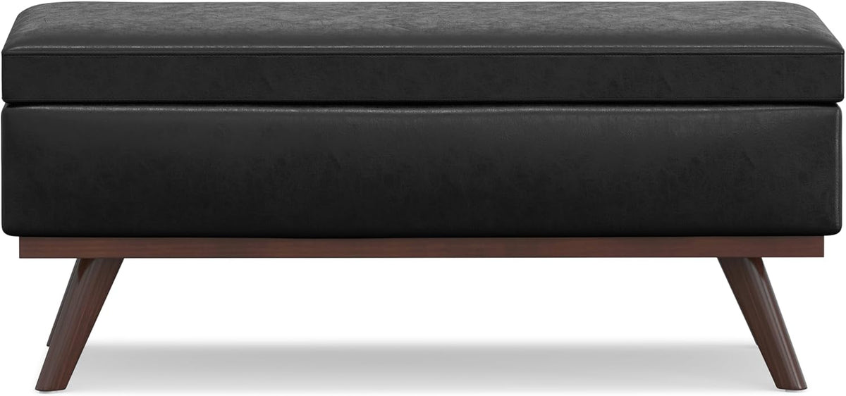 SIMPLIHOME Owen 42 inch Wide Mid Century Modern Rectangle Lift Top Large Coffee Table Storage Ottoman in Distressed Black Vegan Faux Leather, Assembled, for the Living Room, Entryway and Family Room