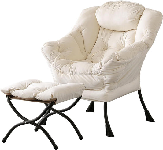 LITA Lazy Chair with Ottoman, Accent Contemporary Lounge Single Leisure Upholstered Sofa Set Armrests and a Side Pocket, Reading for Living Room & Bedroom, Beige 10.6D x 28.3W x 36.6H in