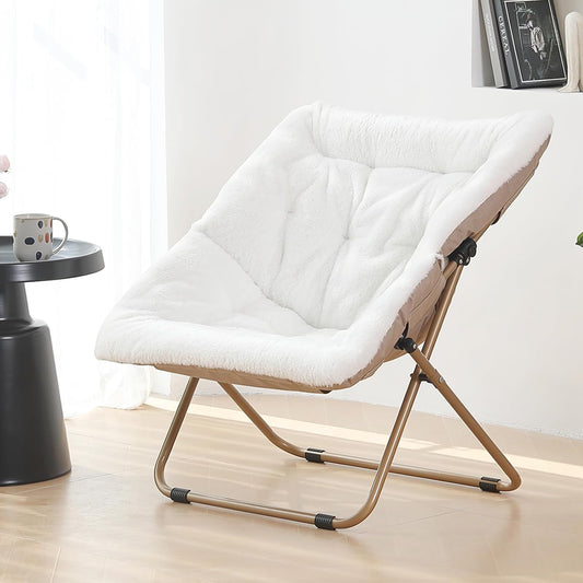 Saucer Chair, Comfy Bedroom Chairs, Oversized Folding Faux Fur Chair, Foldable Metal Frame Chair for Bedroom, Study, Playroom (White)