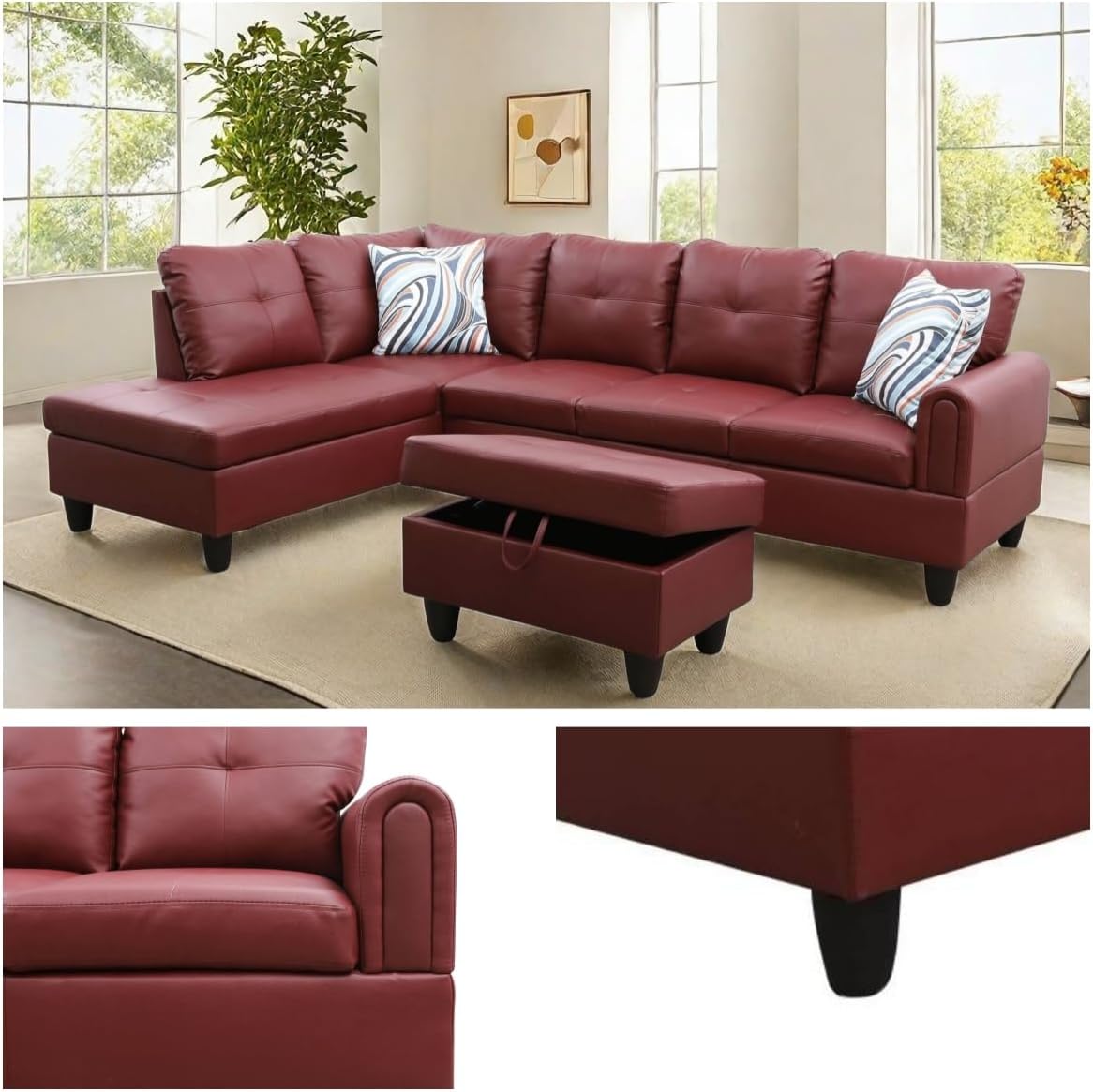NAYSAYE Sectional Couch with Ottoman Storage, L Shaped Couch Sofa Furniture Sets, Modern Comfy Modular Comfy Sofa for Living Room Bedroom, Office and Apartment, Red