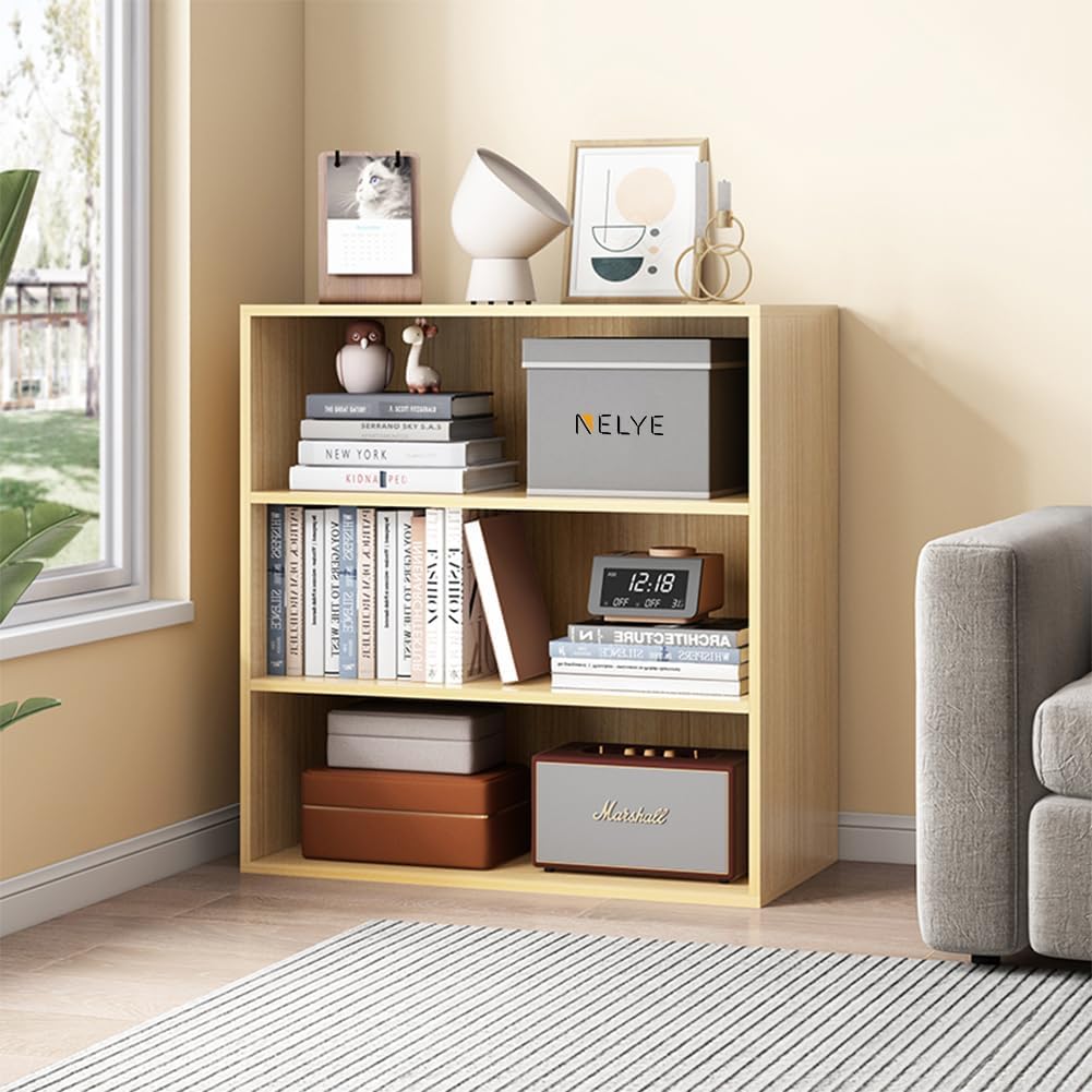 Basic Open Shelf Bookcase - 3-Tier Wooden Cube Storage Shelves Split Bookshelf, Oak