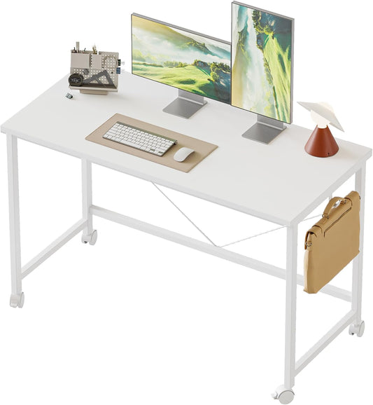 Rolling Computer Desk with Wheels, Gaming Desk for Small Spaces, Modern Simple Style Table for Home Office, Study Writing Table (Caster, White, 40 inch)