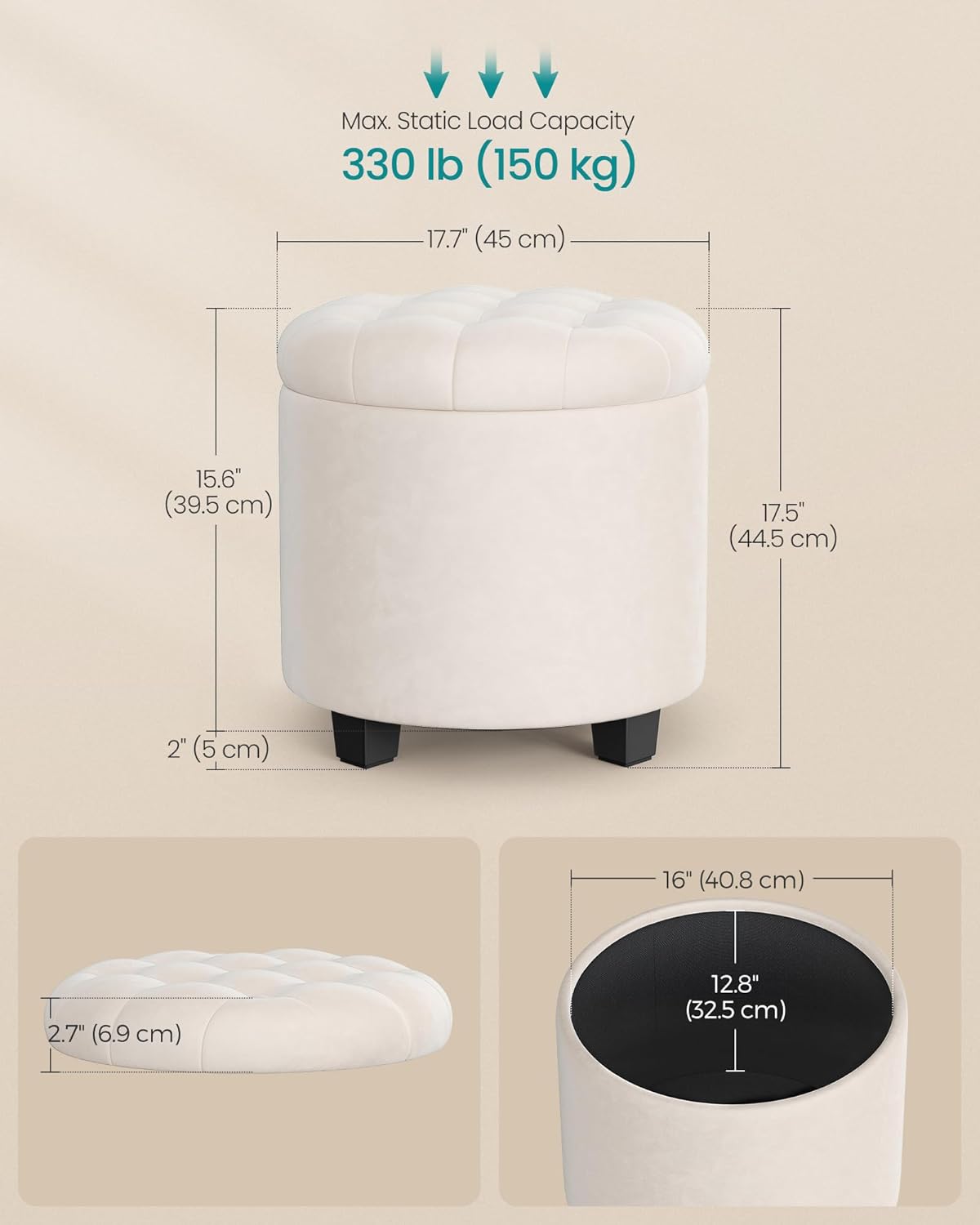 SONGMICS Round Ottoman, Ottoman with Storage, 17.7 x 17.7 x 17.5 Inches, Foot Rest with Legs, Velvet, Load up to 330 lb, for Living Room, Bedroom, Cream White ULOM012W01