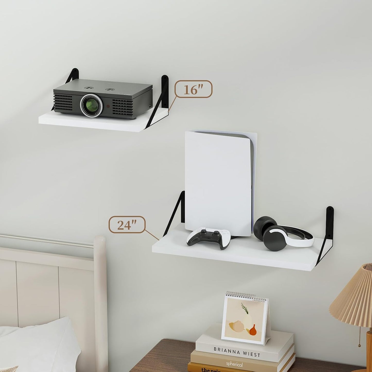 SAUMONIERES Floating Shelves Bookshelf for Bedroom Bathroom Living Room Wood Wall Mounted Wide Deep Storage, White Painted Shelves Set of 2