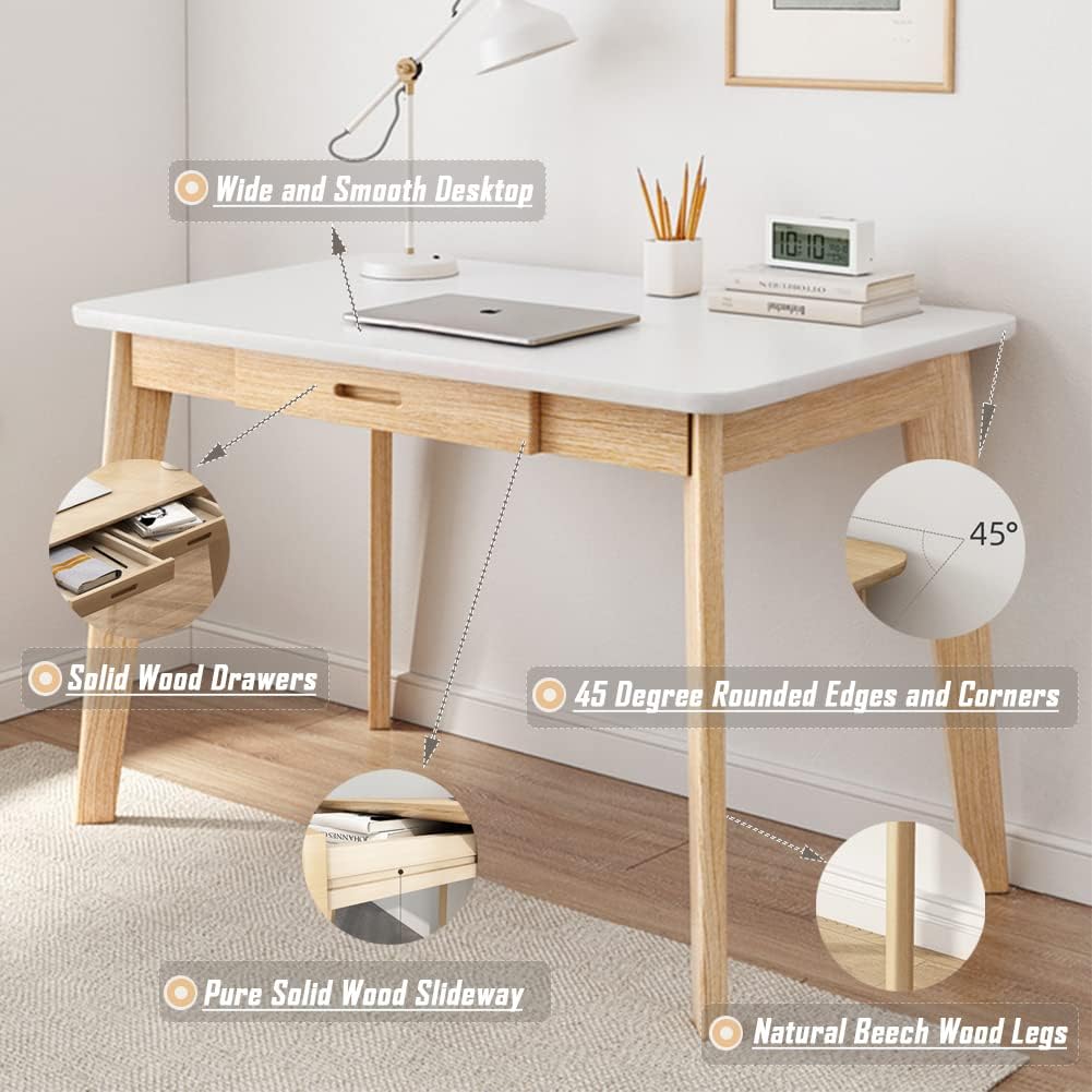 IOTXY Solid Wood Writing Desk - Home Office Workbench Desk with Drawer, 31.5" Width Laptop Computer Work Study Table in White