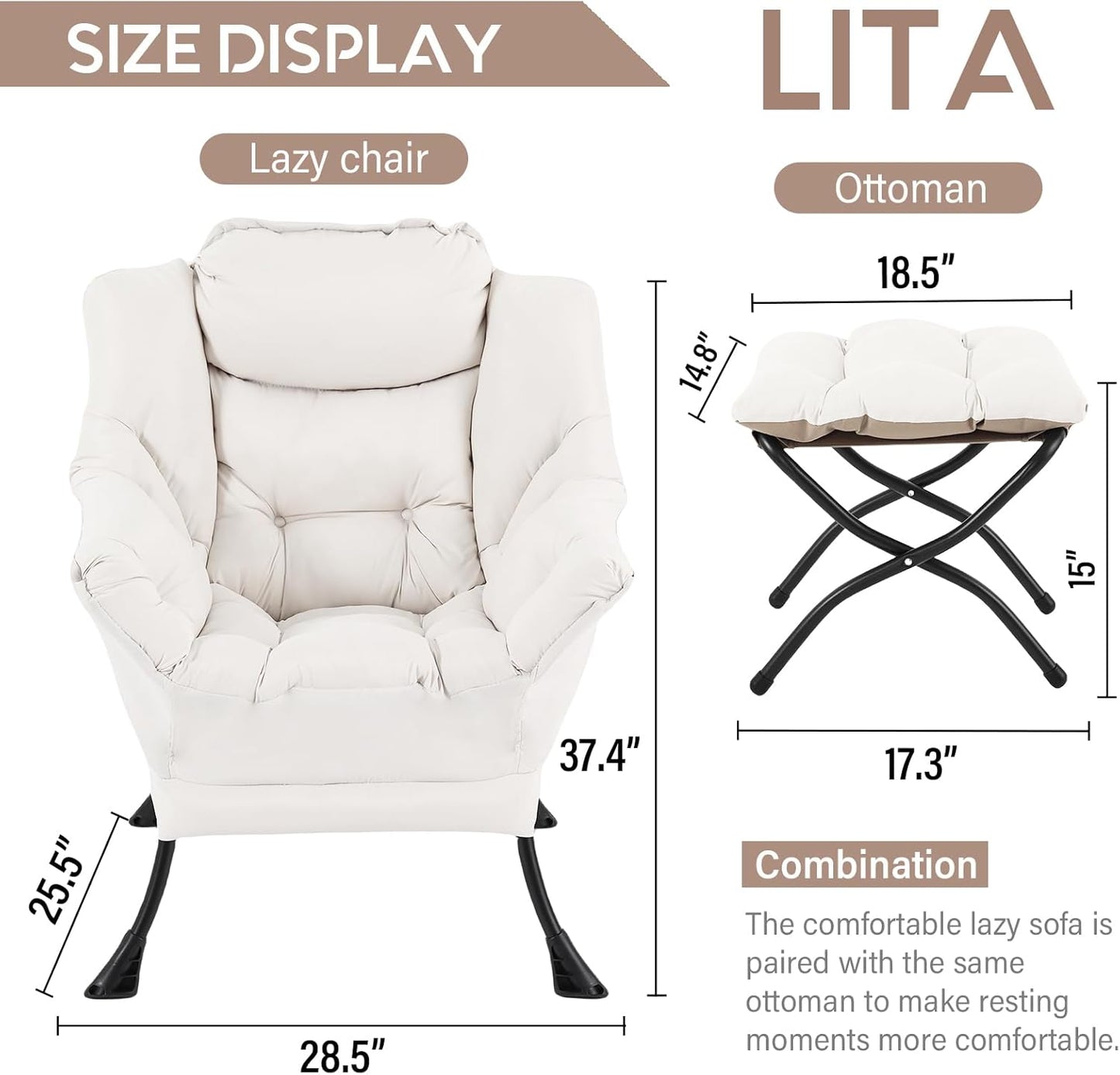 LITA Lazy Chair with Ottoman, Modern Accent Leisure Upholstered Sofa, Contemporary Lounge Reading Chair with Armrests and a Side Pocket for Living Room, Bedroom & Small Space, Beige