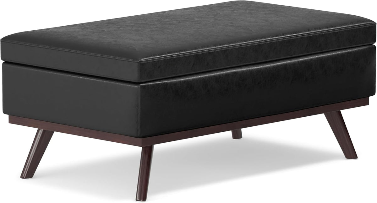 SIMPLIHOME Owen 42 inch Wide Mid Century Modern Rectangle Lift Top Large Coffee Table Storage Ottoman in Distressed Black Vegan Faux Leather, Assembled, for the Living Room, Entryway and Family Room