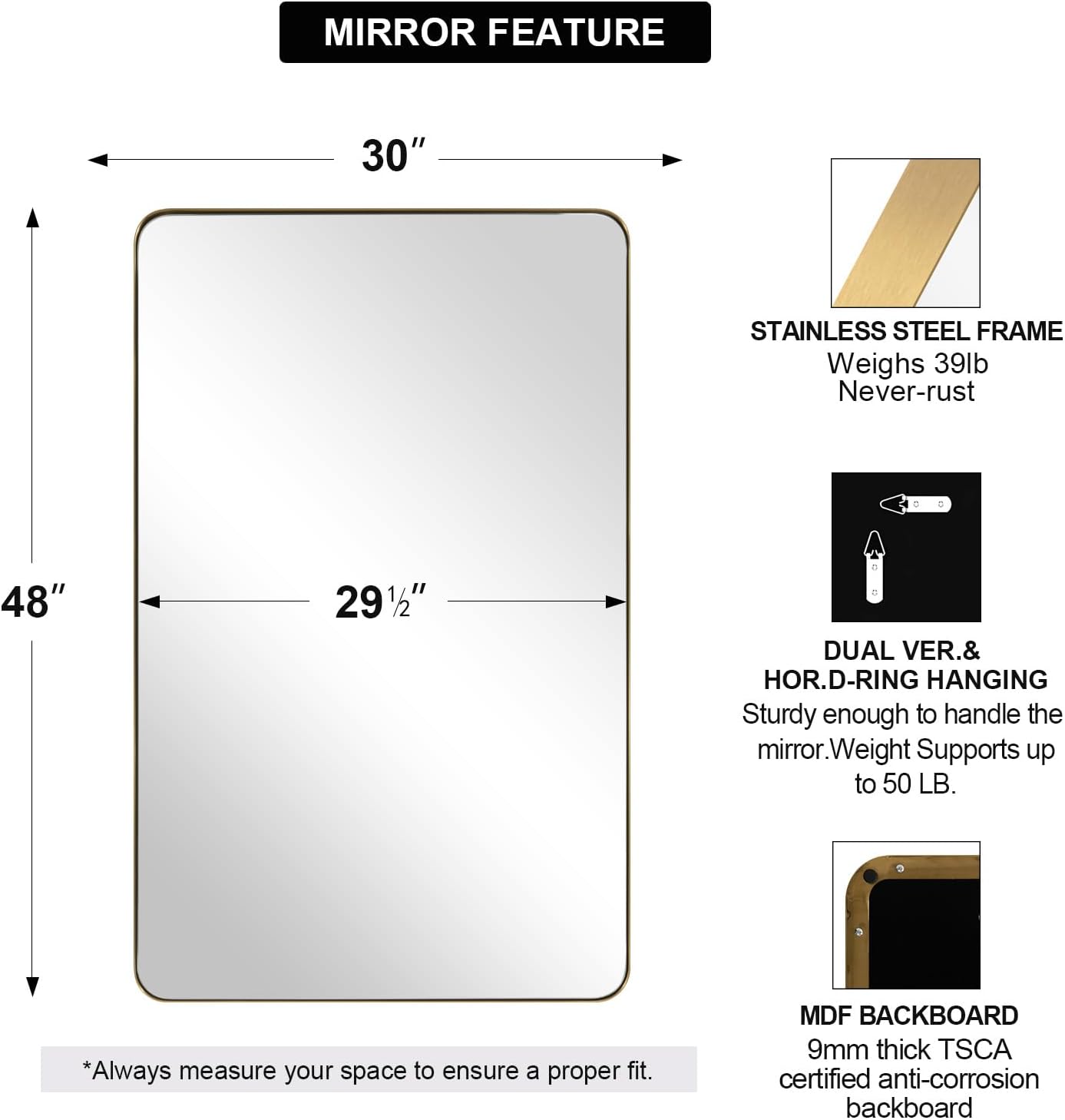 ANDY STAR 30"x48" Brass Gold Bathroom Mirror, Large Wall Mirror for Bathroom, Rounded Rectangle Mirror in Premium Stainless Steel Metal Frame Hangs Horizontal Or Vertical (Brushed Gold)